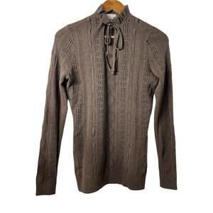 Aeve Womens Cashmere Pointelle Ruffle Tie Neck Sweater Size M Brown Quiet Luxury